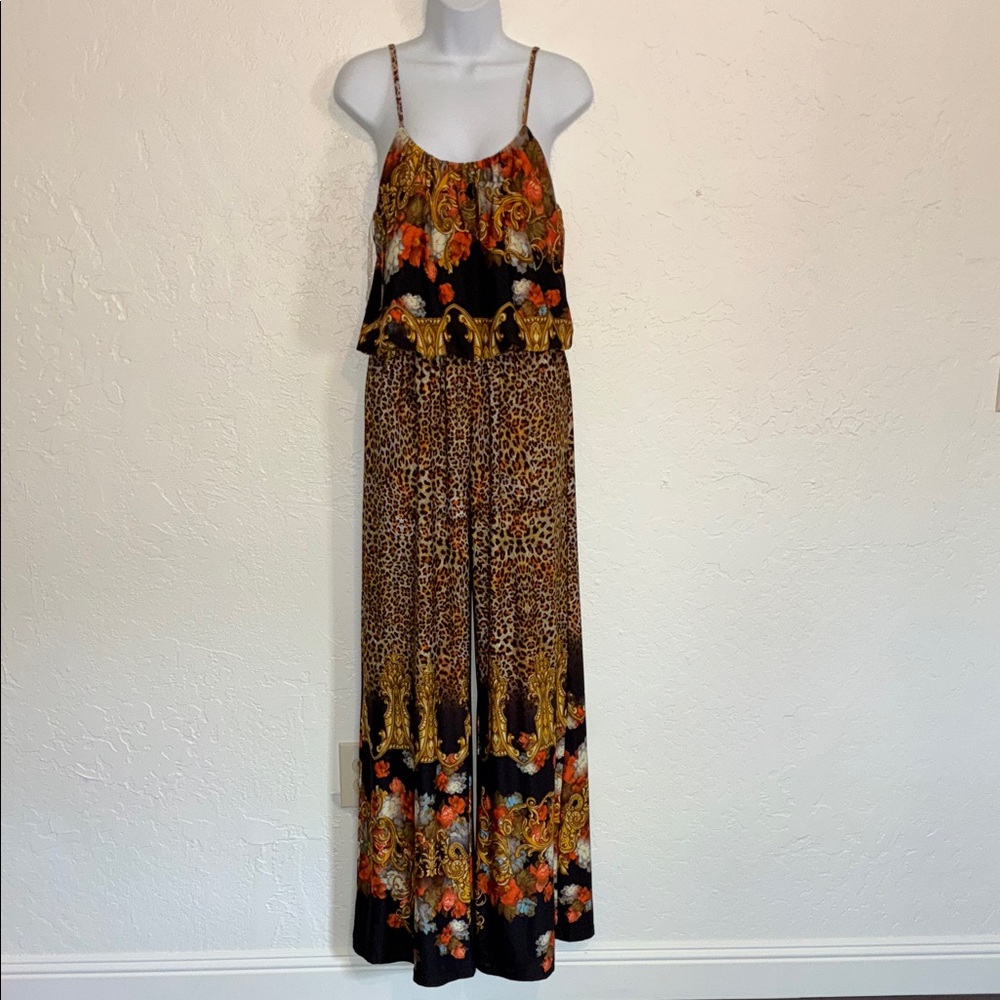 Magic Leopard & Floral Print Spaghetti Strap Jumpsuit - Black, Brown, Orange